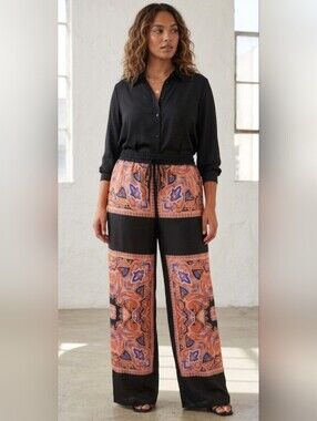 Zara Paisley Print Wide Leg Flowy Pants Black Orange Blue High Rise Size S NWT